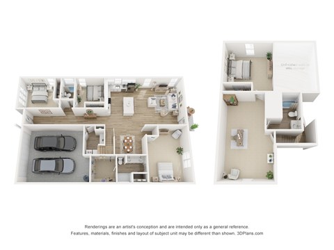 A white 3D floor plan of a house with two bedrooms, a living room, a kitchen, a bathroom, and a garage.